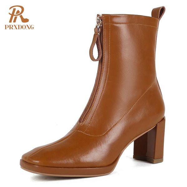 

boots autumn winter ankle for women genuine leather shoes woman casual front zipper platforms high heels short 34-39, Black