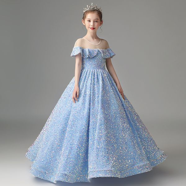 

fancy light sky blue flower girls' dresses sheer neckline sparkling shining sequins fabric ball gown girl' party gowns, White;blue