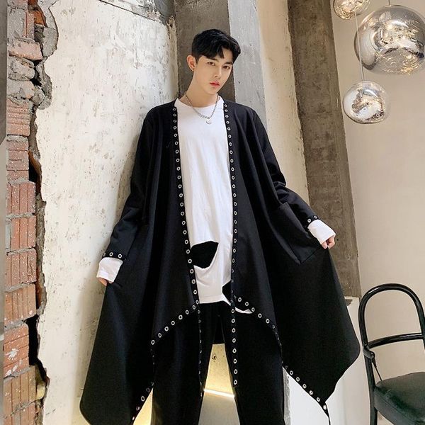 

men's coat spring autumn fashion belt design in the long loose leisure windbreaker youth cape black large size tide trench coats, Tan;black