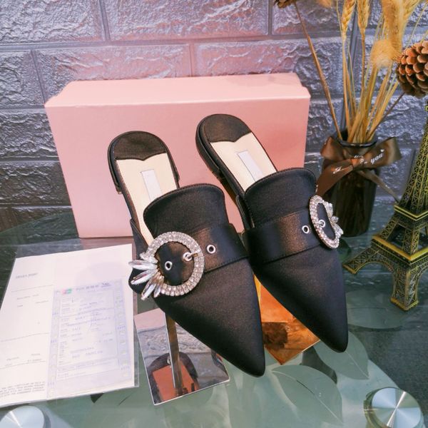 

21/22 fashion summe womens sandals temperament slipper slide pu feather diamond button pointed rubber slippers silver black red orange 34-40