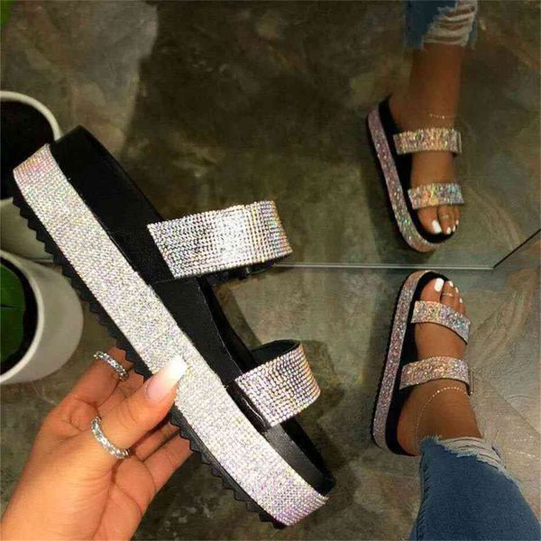 

aaa quality wholesale outside wild beach slippers ladies leisure home travel flop women double-layer rhinestone buckle sandals gbmk, Black