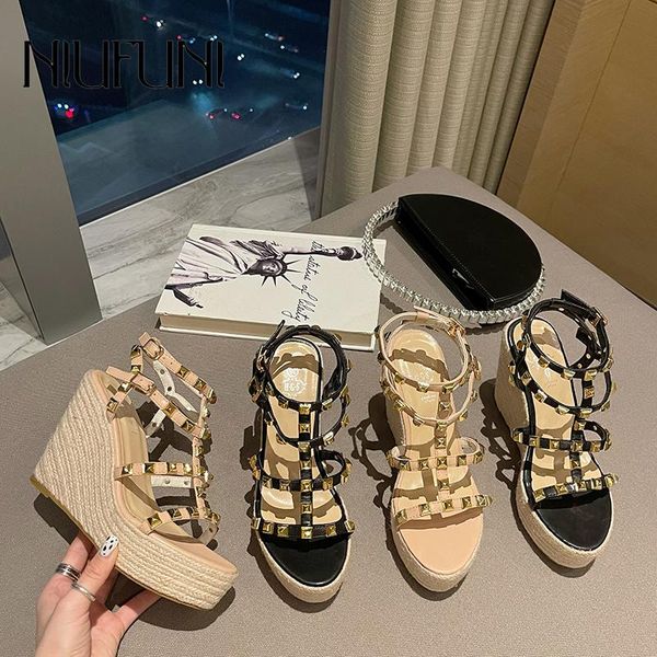 

sandals rivet wedges women open toe ankle buckle strap platform high heels gladiator rattan grass woven shoes for, Black