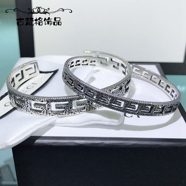 

bangles bracelet double g letter hollowed out 925 silver fashion carved pattern men's and women's punk, Black