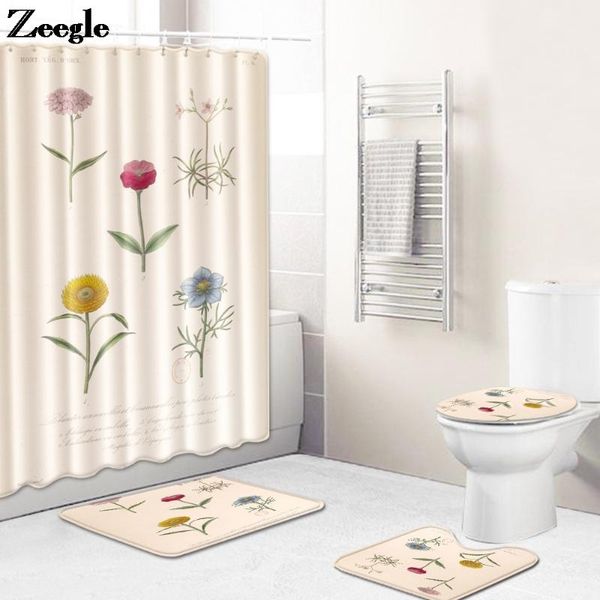 

cartoon style bath mat and waterproof shower curtain set flower printing toilet memory foam seat cover foot mats