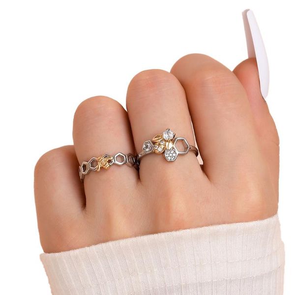 

wedding rings trendy lovely mini insect little bee zircon cz for women copper gold silver color geometric honeycomb finger jewelry, Slivery;golden