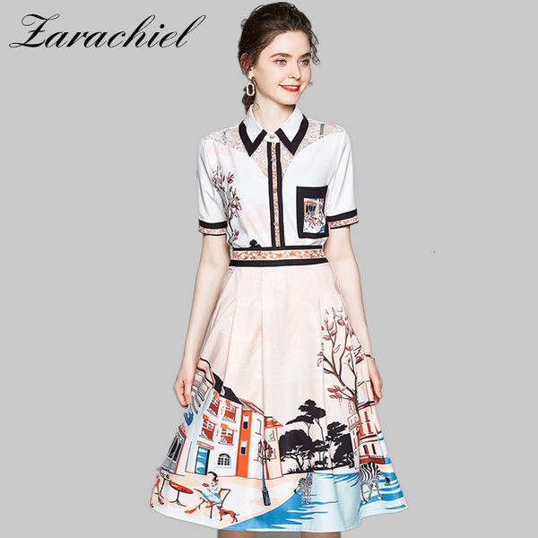 

skirts women fashion printed two piece set casual short sleeve shirt + midi a-line plus size blouse female summer skirt suit, Black