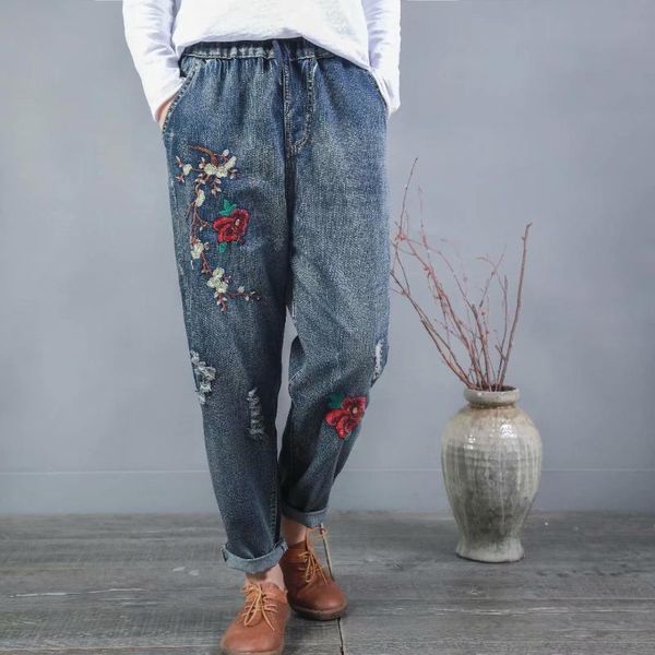 

women's jeans harajuku flower embroidery cartoon elastic waist harem pants radish denim simple students all-match trousers, Blue