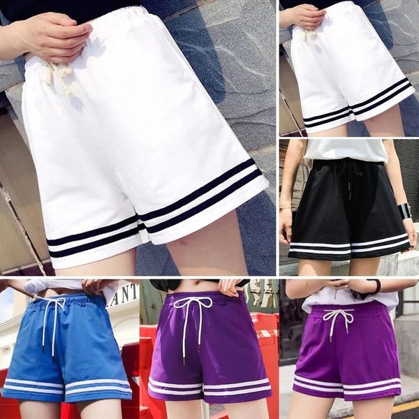 

women's shorts women plus size stripe mid waist wide leg baggy soft casual sport fashion, White;black