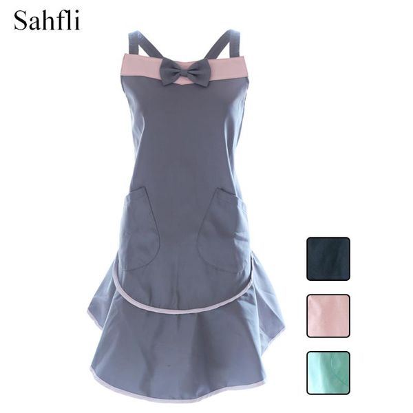 

aprons simple mixed color japanese style skirt design bowknot decoration waterproof sleeveless apro with double sides pockets household