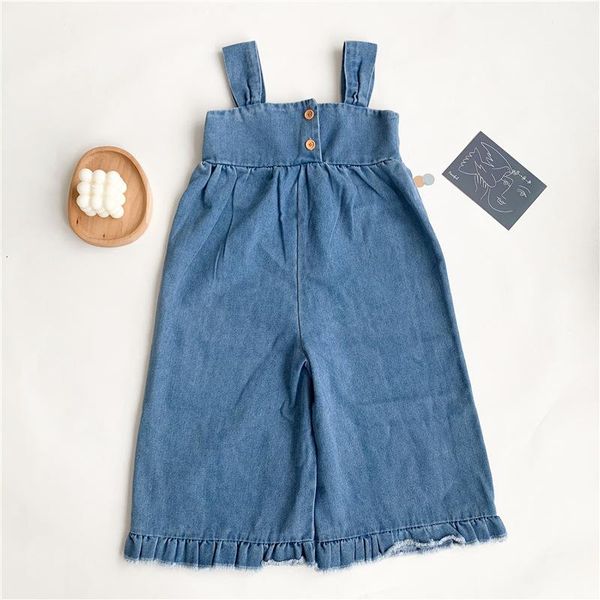 

spring korean style baby girls denim suspenders pants ruffles cotton kids solid color overalls jumpsuits, Blue