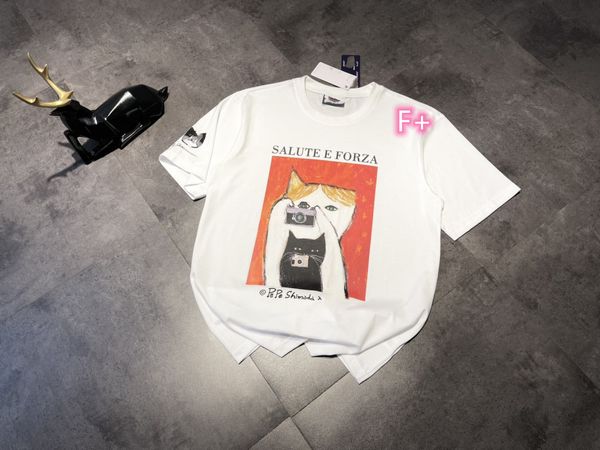 

21 summer fashion fl + cat illustration t-shirt round neck loose and comfortable casual short sleeve, White