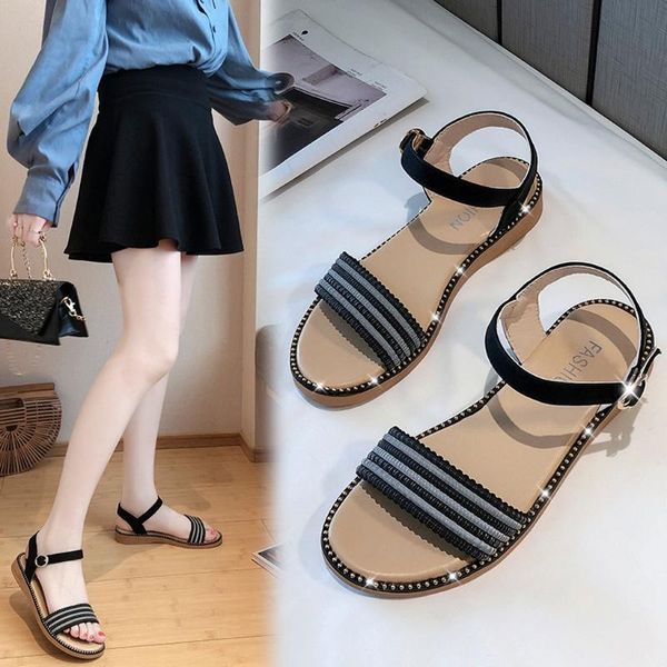 

womail shoes women's summer fashion trend flat buckle non-slip large size sandals zapatosÂ deÂ mujerÂ butyÂ damskieÂ m26, Black