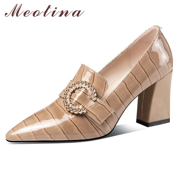 

meotina chunky high heel pumps women natural genuine leather pointed toe shoes crystal buckle dress footwear lady spring 41 42 210520, Black