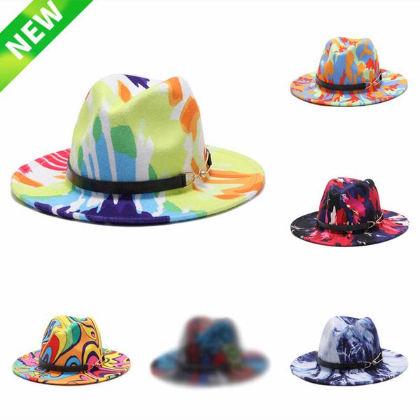 Cappello Fedora stampato Uomo Donna Feltro Cappello Panama a tesa larga stile vintage con fibbia per cintura a catena Primavera Autunno all'ingrosso