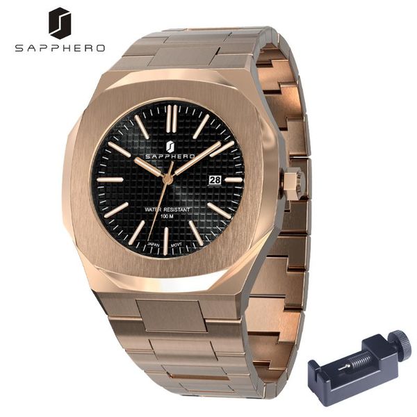 

wristwatches sapphero mens watch miyota quartz movement 100m waterproof stainless steel wristwatch luxury business clock relogio masculino, Slivery;brown
