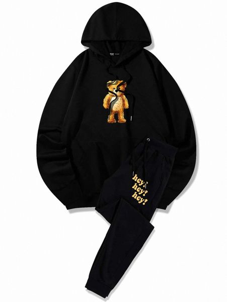 

romwe guys cartoon bear print drawstring hoodie & sweatpants 34jj#, Gray
