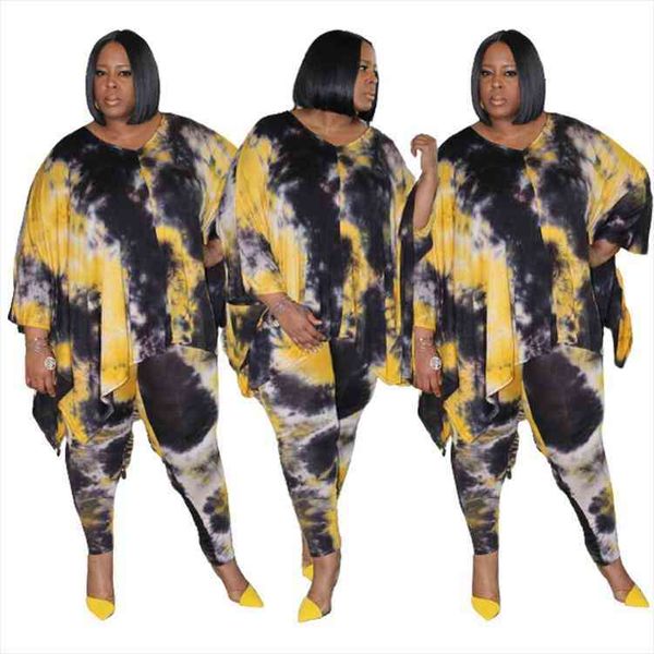

plus size two piece womens clothing v neck fashion tie dye printing irregular casual loose trousers suit dropshipping, White