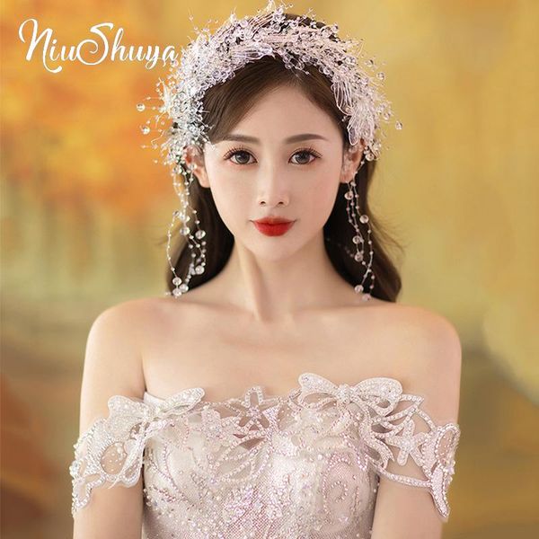 

hair clips & barrettes niushuya elegant clear crystal brides leaves tiaras bridal soft hairbands wedding accessory, Golden;silver