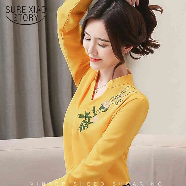 

women spring long sleeve chiffon blouse womens and blouses v-neck pullover floral embroidery blusas 8225 50 210417, White