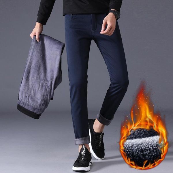 

color winter men warm casual pants 2021 classic style stretch slim fit business fashion thick trousers male brand clothes men's, Black