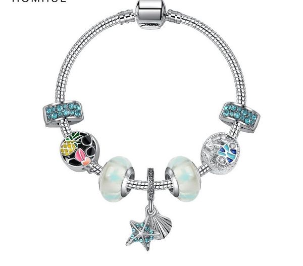 

fashion pandora style charm bracelet women 925 sterling silver murano lampwork shell pineapple bangle starfish pendants bracelets jewelry gi, Golden;silver