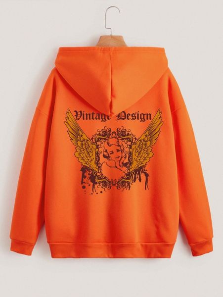 

figure & letter graphic drop shoulder zipper drawstring thermal hoodie h0k2#, White;black