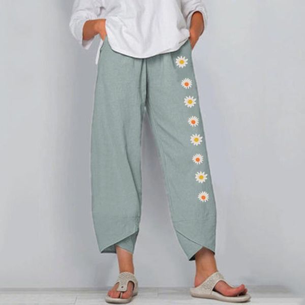 

women's pants & capris straight women daisy print embroidery cotton linen elastic waist wide leg casual joggers damskie, Black;white