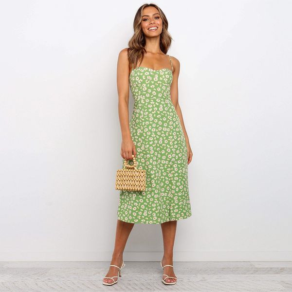

summer ladies floral print spaghetti strap dress women new sleeveless high wasit a-line knee-length dress 210413, Black;gray
