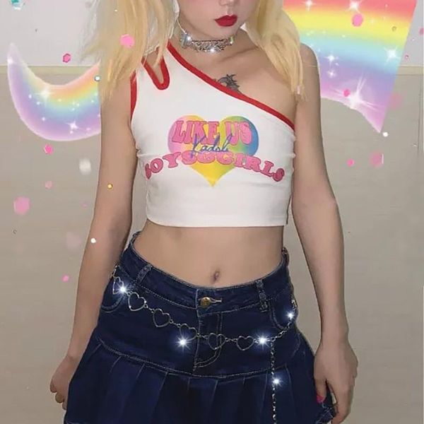 

women's tanks & camis summer single shoulder hollow out tank vest clubwear crop 2021 women streetwear letter heart print top, White