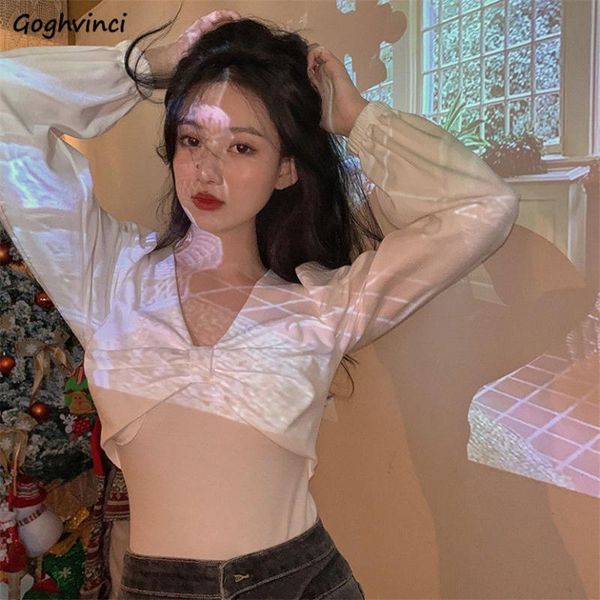 

women's blouses & shirts blouse women v-neck bow solid color crop long sleeve slim sweet streetwear ulzzang casual comfort student ladi, White