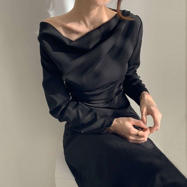 

casual dresses dress women clothesminimalist elegant neckline design irregular thin high waist sleeve long wh5i, Black;gray