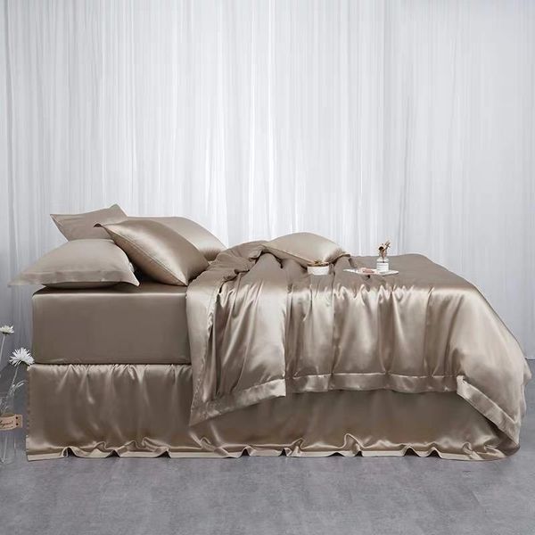 

bedding sets n pcs set flat fitted sheets duvet cover 25 mm 100% mulberry silk seamless  size dark blue milk coffee customize ms03
