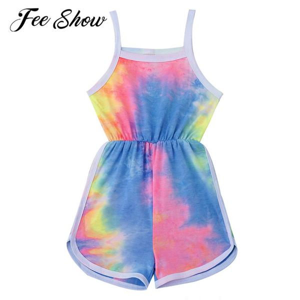 

running sets kids girls one piece bodysuit casual wear clothing sleeveless spaghetti straps tie dye print high waist shorts bottom jumpsuit, Black;blue