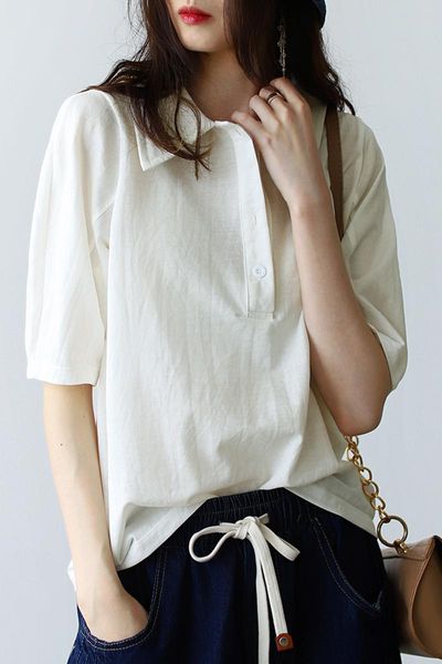 

women's blouses & shirts fashion leisure all-match collar t-shirt female summer loose shirt korean five-point sleeve top, White