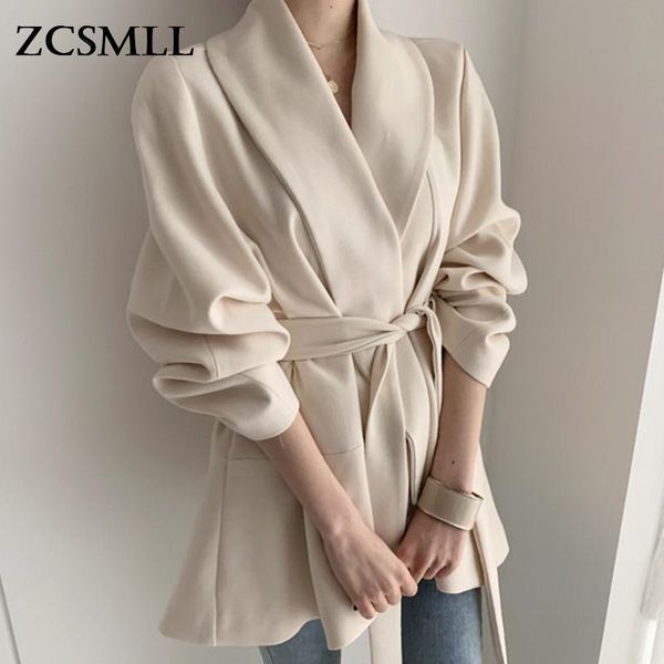 

women's suits & blazers zcsmll temperament elegant turn-down collar solid color belt irregular casual puff sleeve suit jacket women kor, White;black