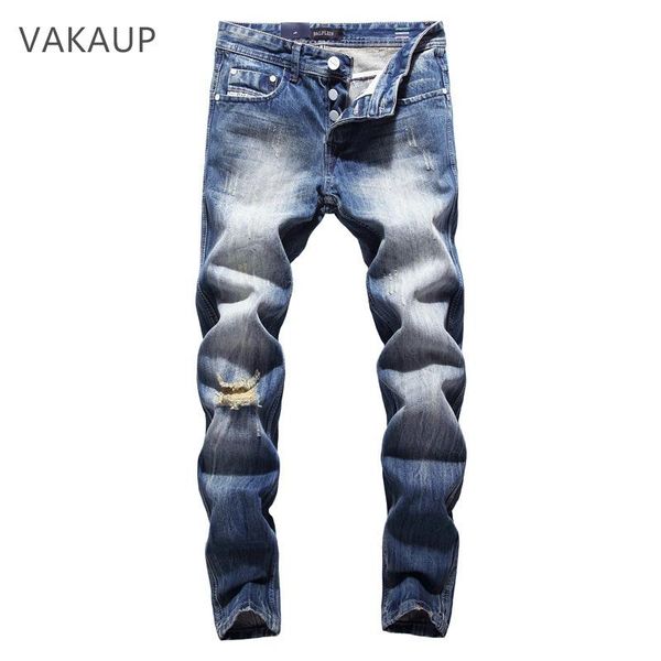 Jeans masculino Moda Hip Hop Patch Masculino Retrô Joelho Rap Hole Fechado Motociclista Solto Slim Destroyed Rasgado Rasgado Denim Homem