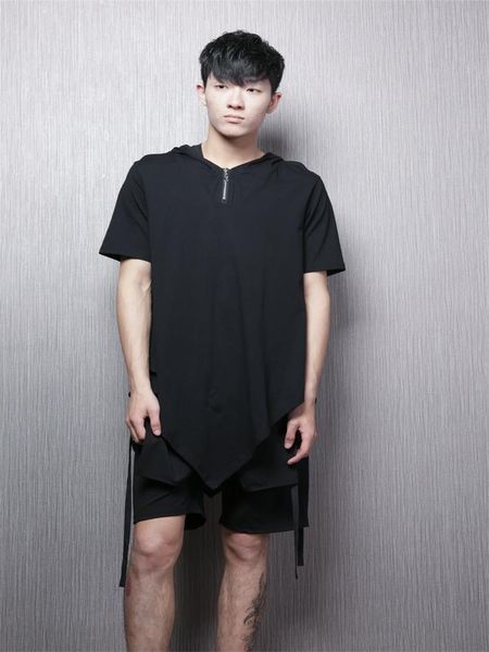 

men's t-shirts stand-up collar oblique zipper design stitching round half sleeve t shirt urban youth loose large size, White;black