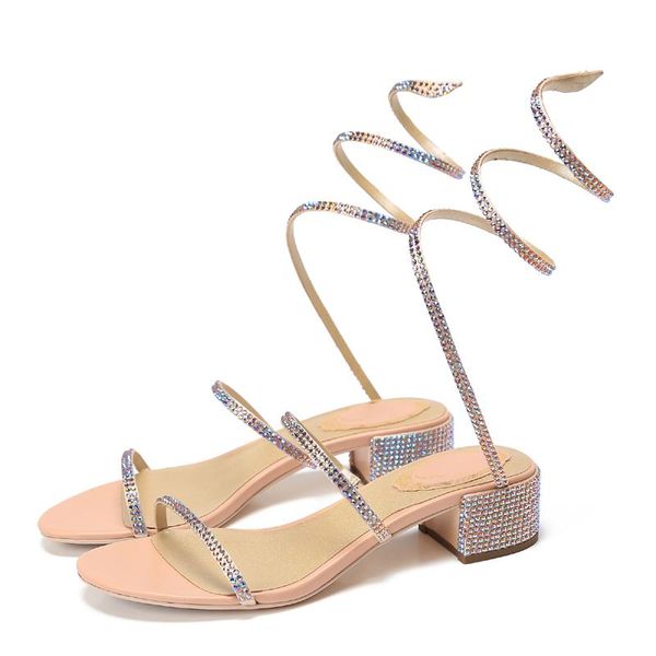 

dress shoes 2022 snake winding thick heel single thread buckle open toe net red roman sandals for women, Black