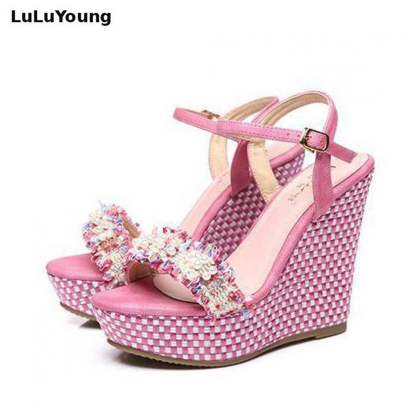 

summer women's sandals high heel platform fashion beads wedges shoes, Black