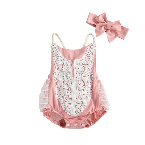 

clothing sets 2021 summer 0-24m infant baby girls one piece lace rompers floral printed sleeveless backless ruffles jumpsuits, White