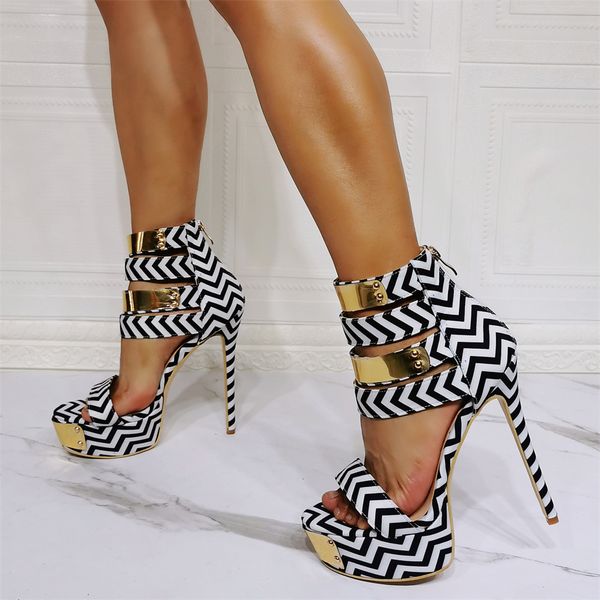 

handmade designers ladies stiletto high heels sandals platform wave pattern buckle strap large sizes 46 summer party prom daily wear fa, Black