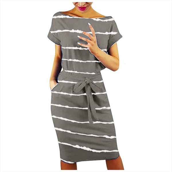 

40 striped printed pocket summer womens dress office short sleeve evening party vintage plus size dresses for women, Black;gray
