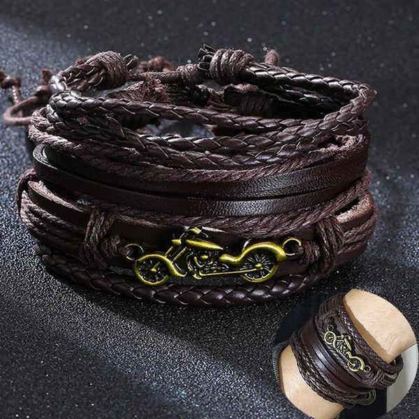 

tennis vintage brown multilayer braided leather bracelet for men women adjustable punk motorcycle 4pcs set wristbands, Golden;silver