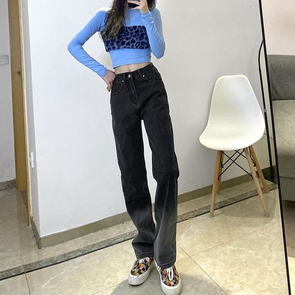 

women's jeans women straight leg loose high waist gradient print heart denim pants female trendy vintage patchwork streetwear, Blue