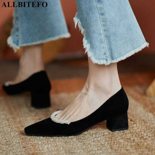 

allbitefo fashion string bead comfortable sheepskin suede genuine leather women heels shoes spring high heel shoes high heels 210611, Black