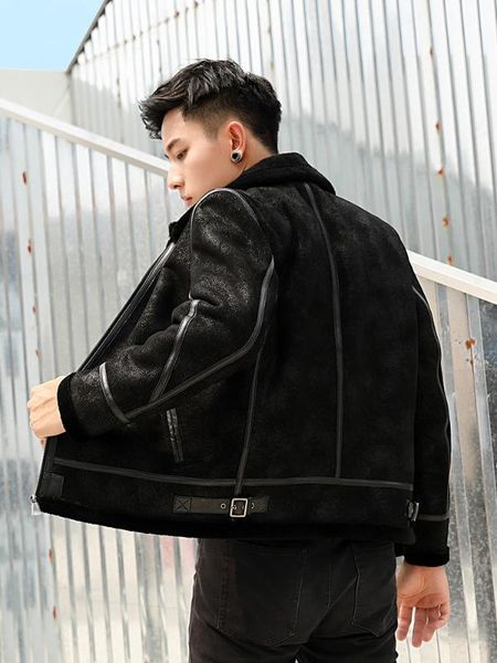 

men's leather & faux genuine jacket men winter sheepskin coat short vintage shearling real wool fur 036 kj3853 3kup, Black
