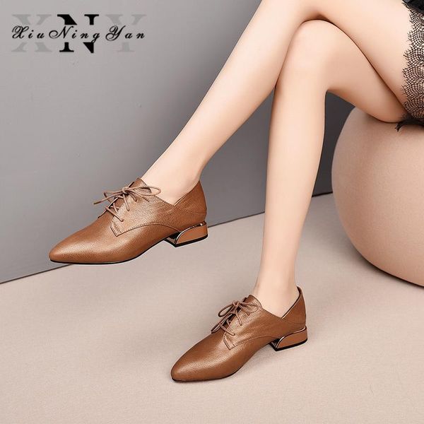 

xiuningyan 2021 women pumps genuine leather autumn spring lace up pointed toe footwear low heels office shoes woman size 34-42 dress, Black