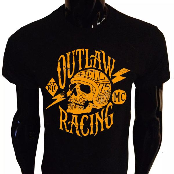 

outlaw racing shirt silkscreened orange punk metal biker who moto man, White;black
