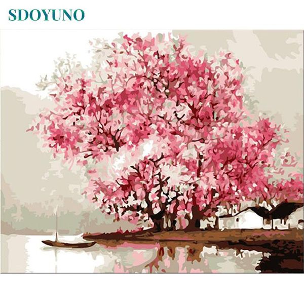 

paintings sdoyuno frame peach blossom diy painting by numbers landscape modern wall art canvas unique gift for home decor 40x50