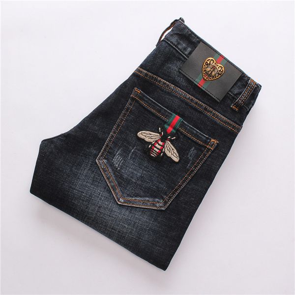 

fashion jeans 2021 spring and autumn men's brand little bee slim small foot elastic ink blue pants